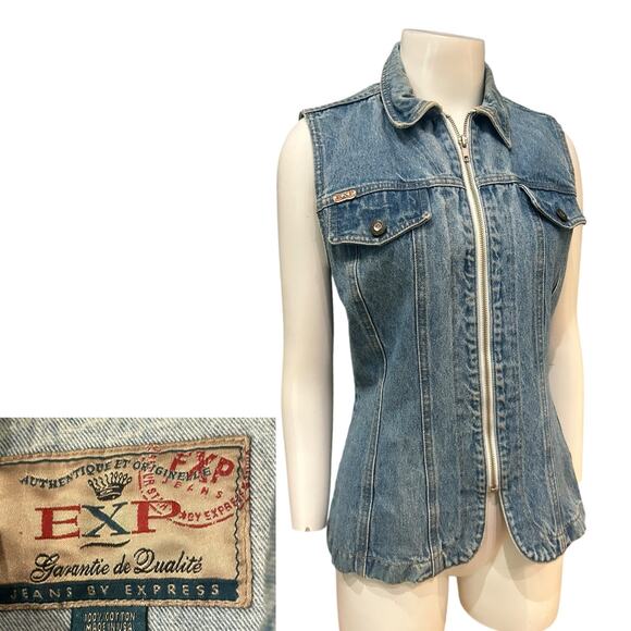 Vintage 1990s Express Denim Vest / Zip Up Jean Jacket Vest / Women’s Medium - - Picture 1 of 4